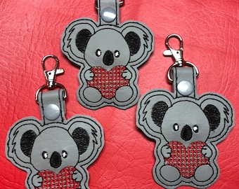 Embroidered Koala Bear Keychain: Heart Key Fob, Backpack Tag