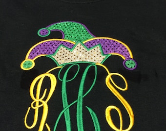 Monogrammed, Embroidered, Personalized Mardi Gras Jester Hat Shortsleeve Tshirt