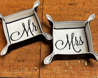 Embroidered personalized Mr & Mrs jewelry tray, valet, change holder, key tray