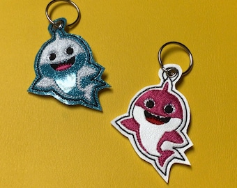 Embroidered Baby Shark Keychains: Marine Vinyl Snap Tab
