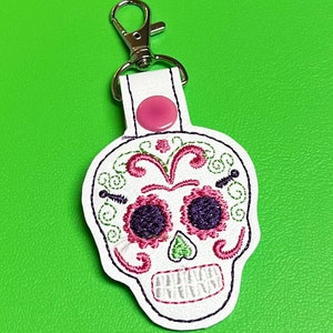 Embroidered sugar skull key fob, backpack tag, lunchbox tag, luggage tag, purse tag,
