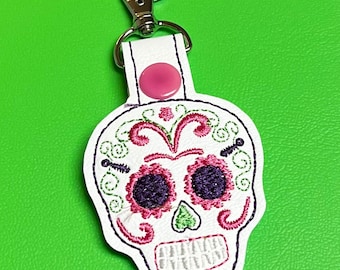 Embroidered Sugar Skull Key Fob: Vinyl Backpack Tag