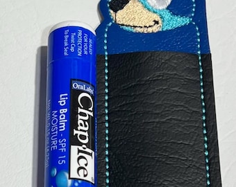 Embroidered Blue Cartoon Dog Chapstick Holder: Faux Leather Keychain