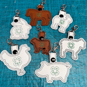 Embroidered personalized 4-H, pig, horse, goat, lamb, cow, chicken, rabbit, turkey  key fob, backpack tag, lunchbox tag, tackle box