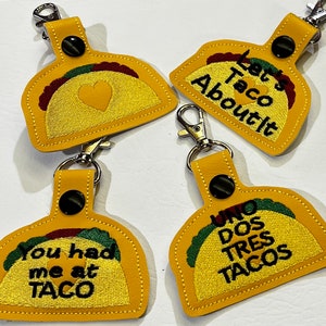 Embroidered taco key fob, snap tab, backpack tag, lunchbox tag, luggage tag, zipper pull