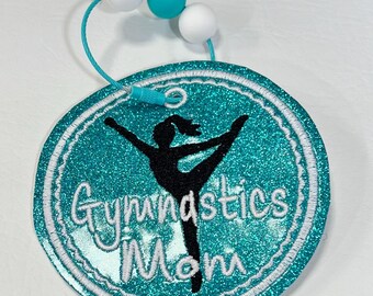 Embroidered Gymnastics Mom Glitter Vinyl Bag Tag: Personalized Key Fob