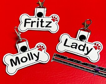 Personalized embroidered dog bone key fob, leash tag, collar tag