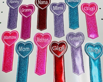 Embroidered Glitter Vinyl Bookmark: Personalized Heart Gift