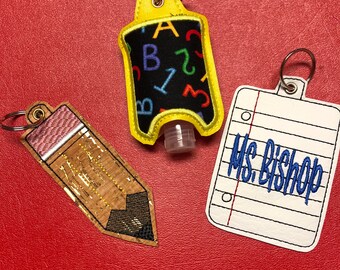Personalized Embroidered Teacher Key Fob, Lip Balm Holder, Hand Sanitizer Holder