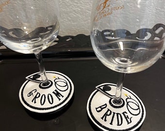 Embroidered, personalized,Bride and groom wine glass marker