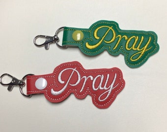 Embroidered Pray Keychain: Handmade Vinyl Bag Tag
