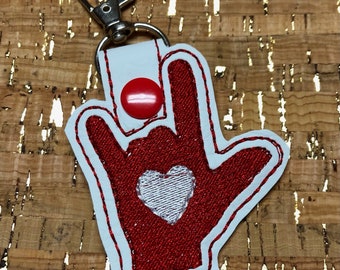 Embroidered I love you sign language snap tab, key fob, backpack tab