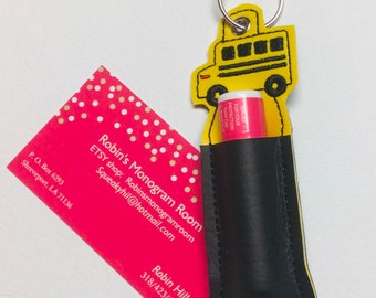 Embroidered School Bus Lip Balm Holder Key Fob: Backpack Tag