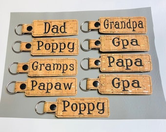 Personalized embroidered cork like keychain for Grandpa. or you.