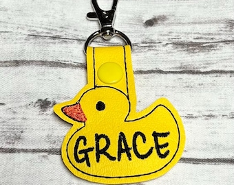 Personalized Embroidered Yellow Duck Key Fob: Backpack Tag