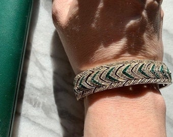 Art Deco Sterling Silver, Diamond and Emerald Paste Bracelet, Calibre Cut and Pave Links, 935 German CraftsmanShip