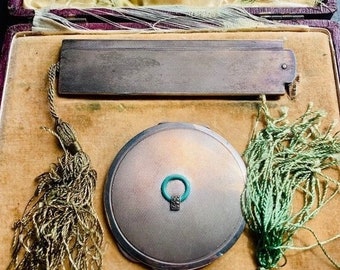 Mappin & Webb sterling and jade green enamel vanity set - compact, lipstick, comb - in their original box!  Minaudiere or necessaire combo