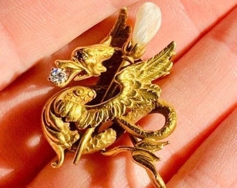 Krementz 14k yellow gold, baroque pearl, old cut diamond mythological dragon, griffon, wyvern or chimera watch pin or brooch