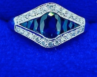 Art Deco style french cut calibre sapphire lozenge ring, diamonds, 18k or 750 white gold dinner cocktail statement ring, size 8