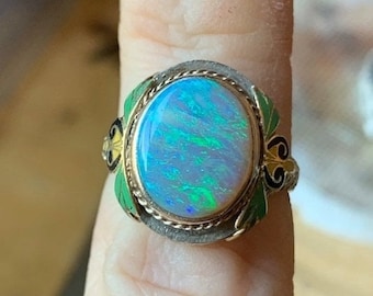 Art Deco black crystal opal ring, 14k white gold floral fIligree, size 6.5, 1934