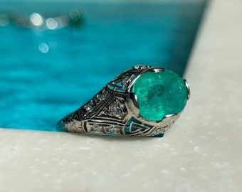 Natural cushion emerald, diamond, and platinum filigree ring, Art Deco era, size 10