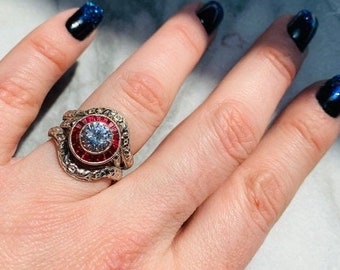 18k white gold, ruby, and cz target or halo ring setting, Art Deco style