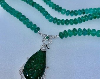 Carved flower emerald beaded necklace, Art Deco Mughal Style, 18k white gold, diamonds, wedding or special occasion