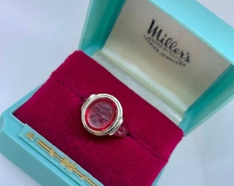 Art Deco ruby cameo signet ring, 10k white gold, size 10