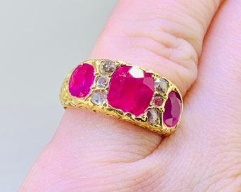 Victorian three stone ruby ring with diamond accents, 19ct yellow gold filigree engraving, rose cut diamond accents, size 5