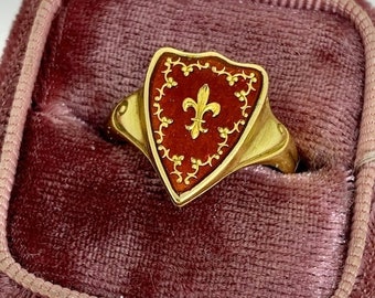 Victorian carved enamel 18K yellow gold shield signet heraldic crest ring, fleur de lis, size 6.5, 1879