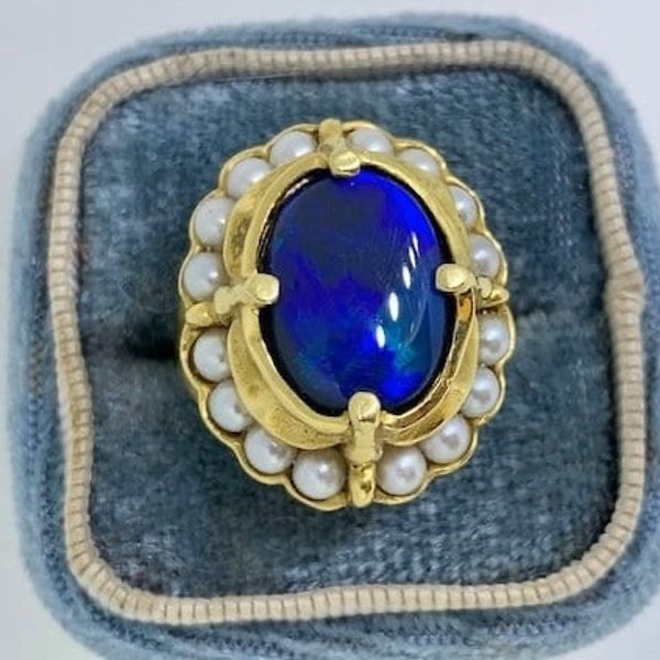 Seidengang Black Opal, Pearl, and 18k Yellow Gold Ring, Size 6