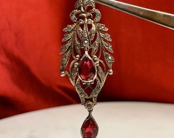 Victorian Ruby Paste Diamante Dangle or Drop Earrings, 935 Silver, sterling + Hallmarked Germany