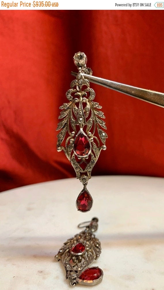 Victorian Ruby Paste Diamante Dangle or Drop Earr… - image 1