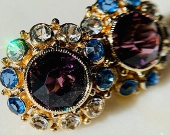Jeweled Hobe screwback earrings, signed, vintage paste, Art Deco, amethyst, sapphire, and aquamarine tones