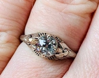 Art Deco solitaire ring, Old European Cut Moissanite, 18k White Gold, size 5.5