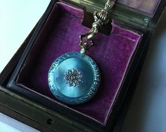Edwardian pendant watch, guilloche enamel and rose cut diamonds, lacy floral filigree, platinum, 14k,