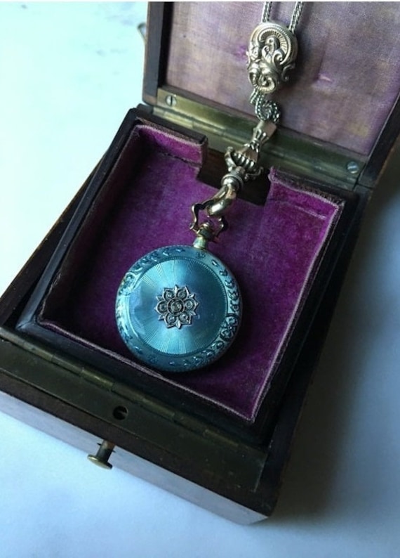 Edwardian pendant watch, guilloche enamel and rose