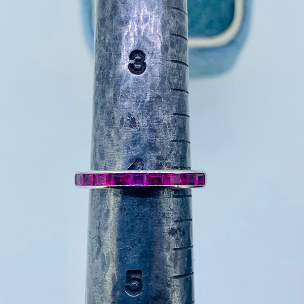 Art Deco era baguette ruby eternity band, 14k white gold, channel set, size 4