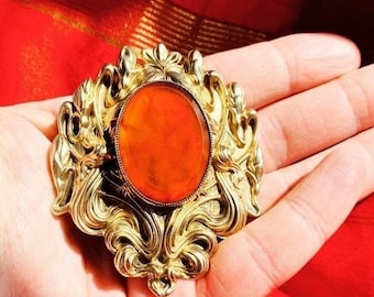 Unger Brothers Art Nouveau carnelian, sterling, and gold wash statement brooch - BIG!