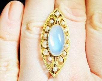Ceylon moonstone and natural seed pearl late Victorian brooch, early Edwardian pin, 14k rich bloomed yellow gold