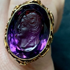 Amazing amethyst cameo, intaglio, or signet ring, 14k, Art Nouveau or Arts and Crafts style