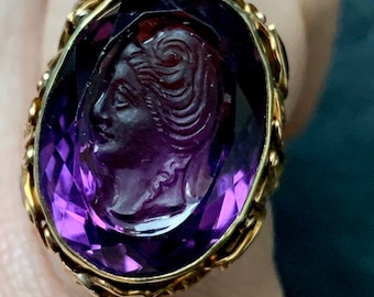 Amazing amethyst cameo, intaglio, or signet ring, 14k, Art Nouveau or Arts and Crafts style