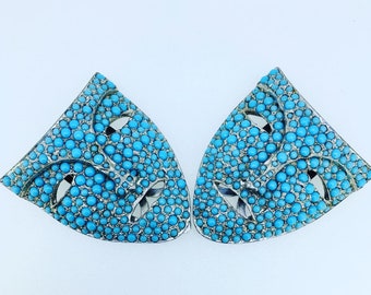Ralph DeRosa dress clip set, iconic mask motif, turquoise mask, matched set, pair of dress clips together and mint, rare!