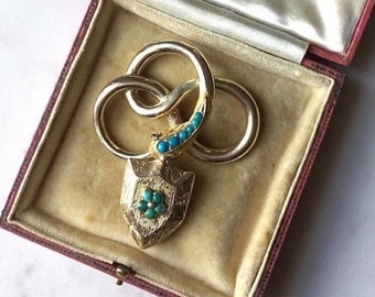 Early Victorian snake necklace, 15k, turquoise, ruby, diamond, forget me not shield locket, lover's token