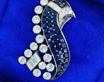 KTF Trifari sterling fur or dress clip set with sapphire and diamond paste, invisible set brooch, rare!