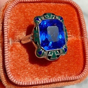 Art deco ring, 14k, Egyptian Revival, enamel, enamel filigree, sapphire blue cobalt spinel synthetic, size 5.5, white gold