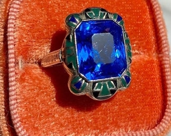 Art deco ring, 14k, Egyptian Revival, enamel, enamel filigree, sapphire blue cobalt spinel synthetic, size 5.5, white gold