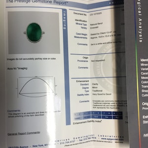 May include: A gemstone report for a 13.47 carat emerald, set in a white and yellow metal ring. The report includes details about the stone's clarity, color, and origin. The report is from the American Gemological Laboratories.