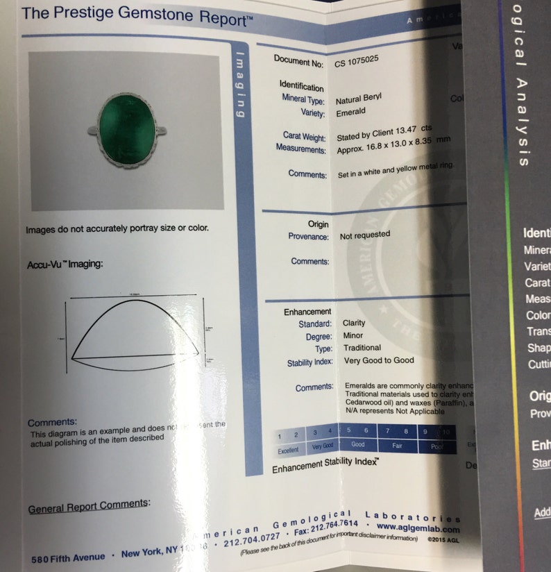 May include: A gemstone report for a 13.47 carat emerald, set in a white and yellow metal ring. The report includes details about the stone's clarity, color, and origin. The report is from the American Gemological Laboratories.