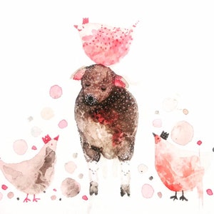 Happy Sheep with Chicken Friends Watercolor Print ~ Proceeds will be donated